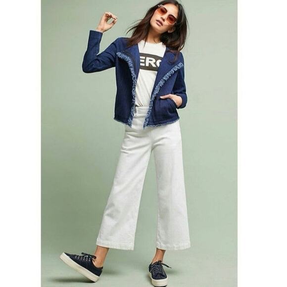 AG Adriano Goldschmied Blue Denim Zip Front Jacket Frayed Trim Casual Chic M - Picture 12 of 16